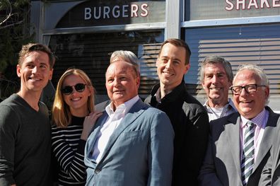 (L - R) Actors Brian Dietzen, Emily Wickersham and Mark Harmon, executive producer Mark Schilz, actor Sean Murray and executive producers George Schenck and Gary Glasberg attend the cake cutting celebration for 