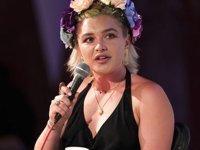 Florence Pugh introduces 'Dune: Part Two' at the Pilton Palais Cinema during the Glastonbury Festival in Worthy Farm, Somerset, England, Friday, June 28, 2024. (Scott A Garfitt/Invision/AP)