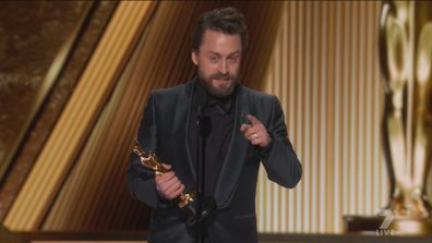 Kieran Culkin wins for Best Actor in a Supporting Role at the 2025 Oscars.