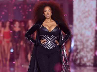 NEW YORK, NEW YORK - OCTOBER 15: Tyra Banks walks the runway for the Victoria's Secret Fashion Show 2024 on October 15, 2024 in New York City.
